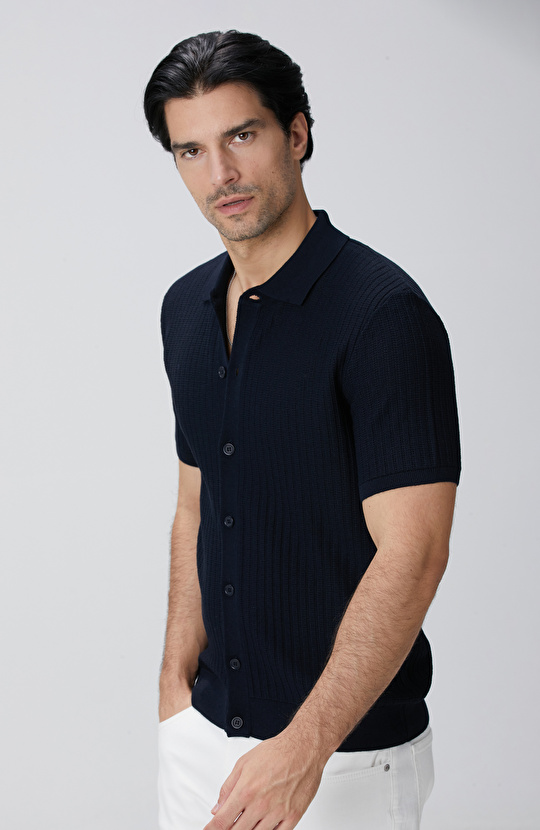 Lacivert Yün Karışımlı Triko Gömlek