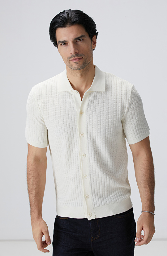 Kırık Beyaz Yün Karışımlı Triko Gömlek