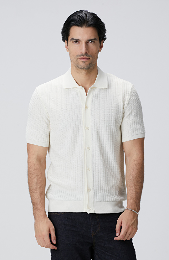 Kırık Beyaz Yün Karışımlı Triko Gömlek