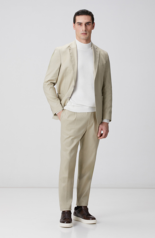 Bej Keten Karışımlı Takım Elbise