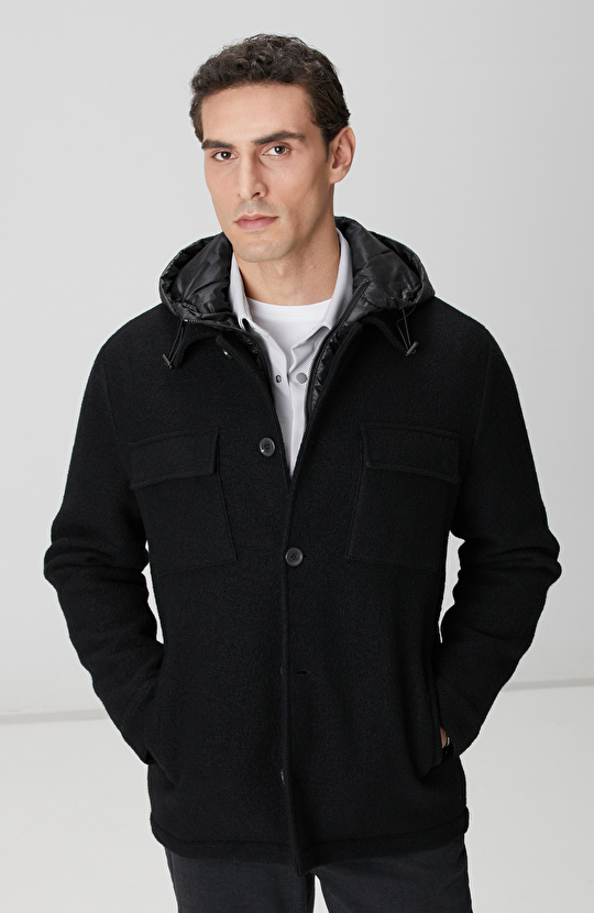 Siyah Yün Çıkma Mostralı Casual Kaban