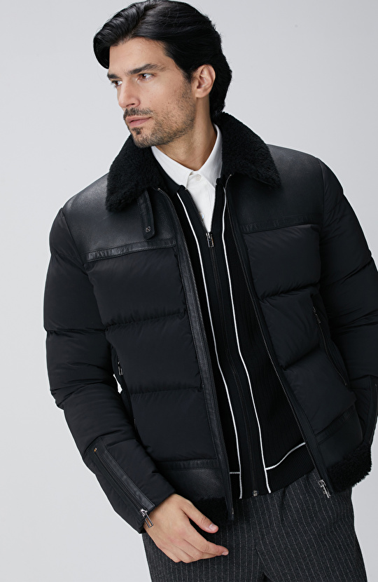 Siyah Kürklü Deri Detaylı Mont