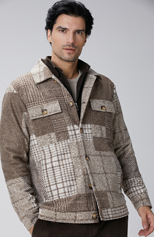 Bej Desenli Yün Karışımlı Dış Gömlek