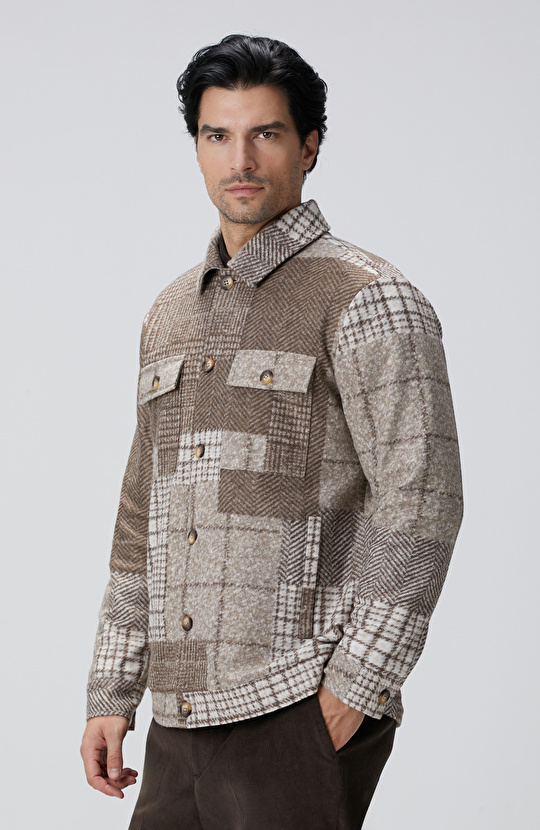 Bej Desenli Yün Karışımlı Dış Gömlek
