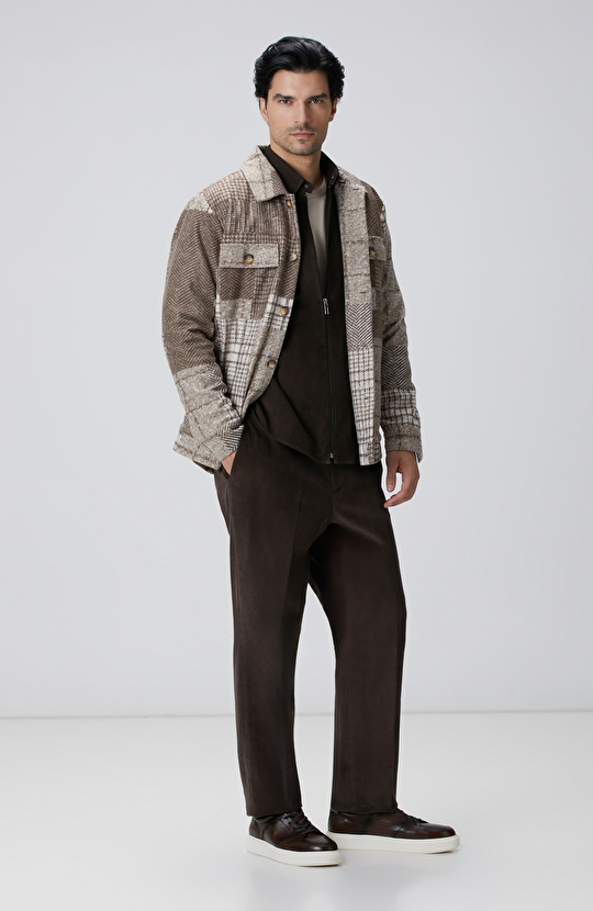 Bej Desenli Yün Karışımlı Dış Gömlek