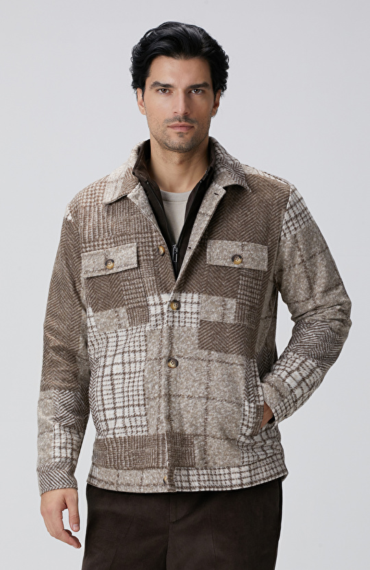 Bej Desenli Yün Karışımlı Dış Gömlek