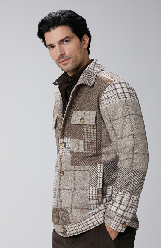 Bej Desenli Yün Karışımlı Dış Gömlek