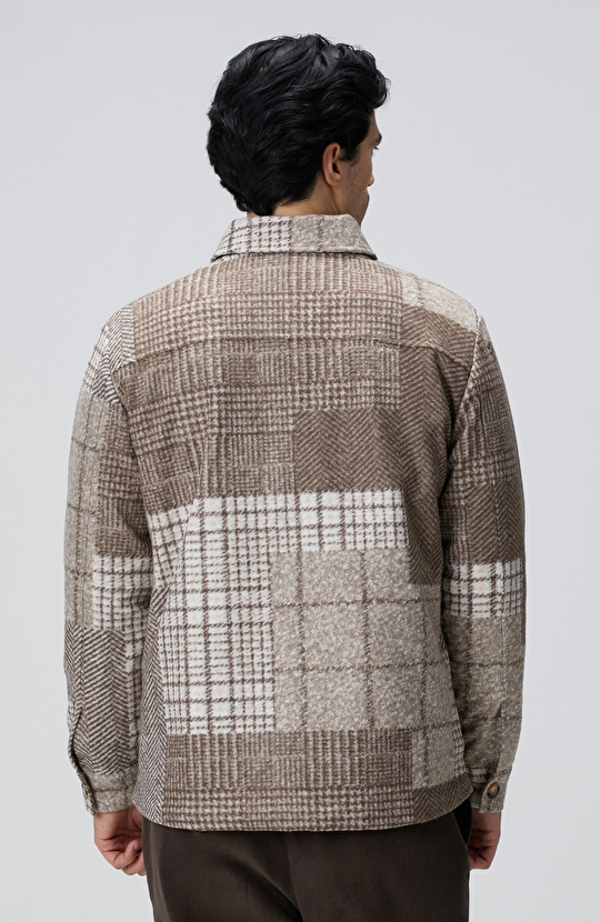 Bej Desenli Yün Karışımlı Dış Gömlek