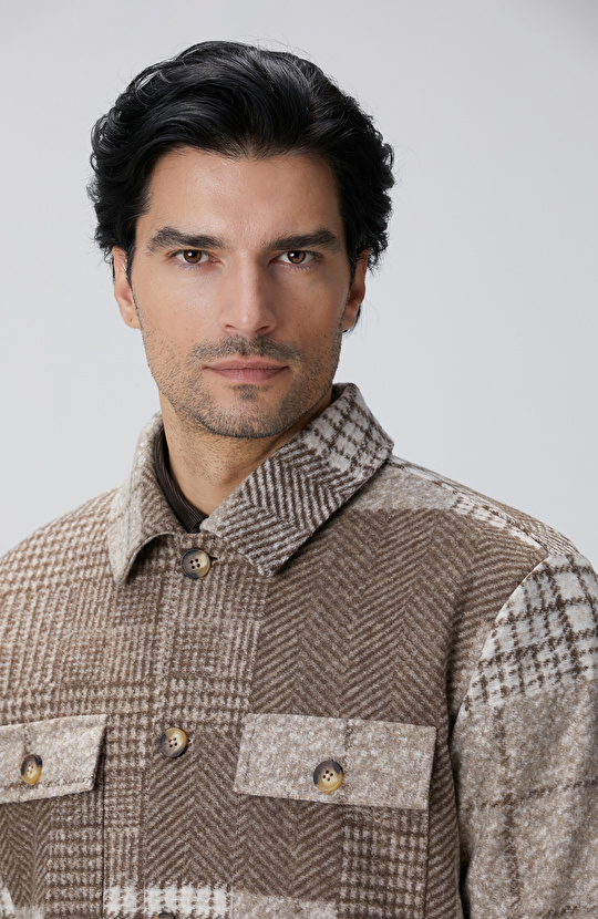 Bej Desenli Yün Karışımlı Dış Gömlek