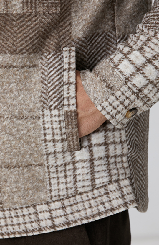 Bej Desenli Yün Karışımlı Dış Gömlek