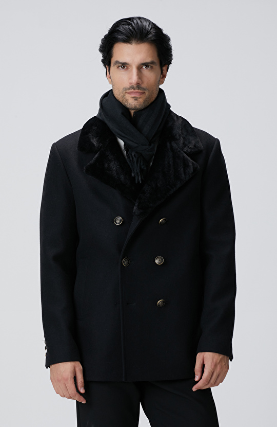 Siyah Kruvaze Yakası Kürklü Gemici Kaban