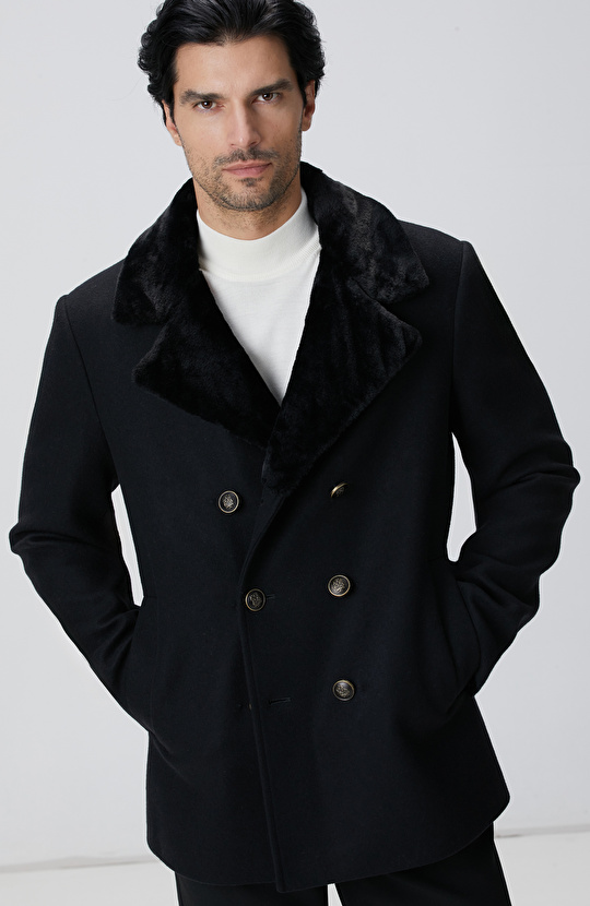 Siyah Kruvaze Yakası Kürklü Gemici Kaban