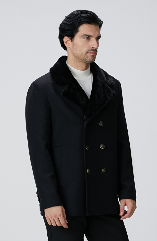 Siyah Kruvaze Yakası Kürklü Gemici Kaban