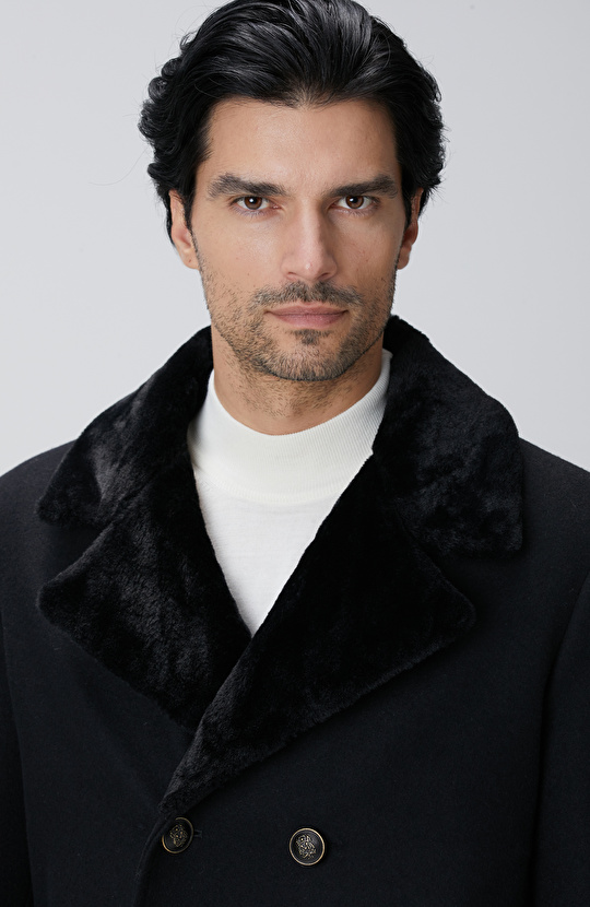 Siyah Kruvaze Yakası Kürklü Gemici Kaban