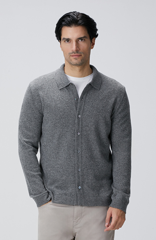 Gri Melanj Yün Karışımlı Triko Hırka