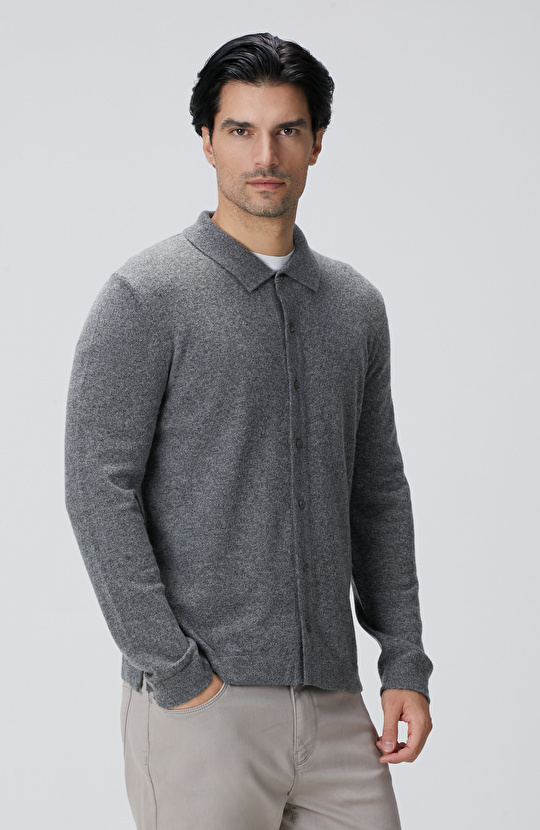 Gri Melanj Yün Karışımlı Triko Hırka