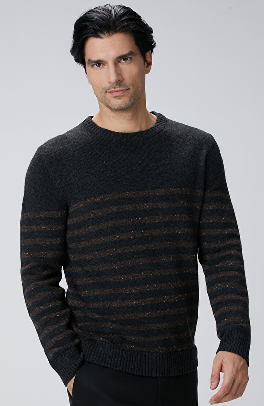 Antrasit Çizgi Desenli Yün Kaşmir Karışımlı Kazak