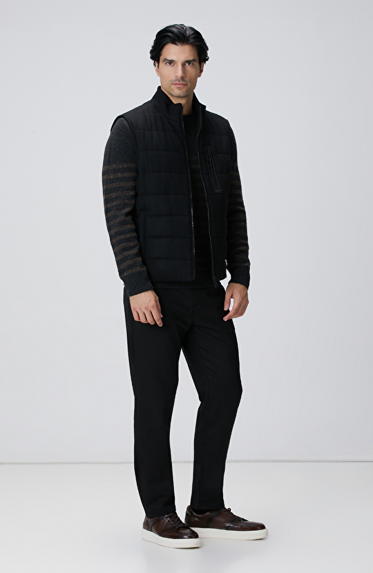 Antrasit Çizgi Desenli Yün Kaşmir Karışımlı Kazak