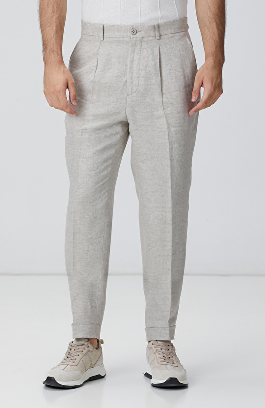 Bej Keten Comfort Fit Pantolon