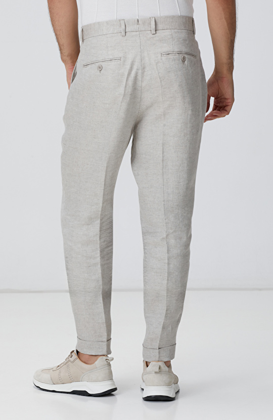 Bej Keten Comfort Fit Pantolon