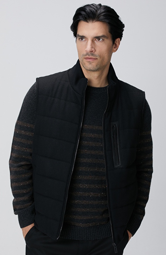 Siyah Yün Karışımlı Flanel Dik Yaka Casual Yelek