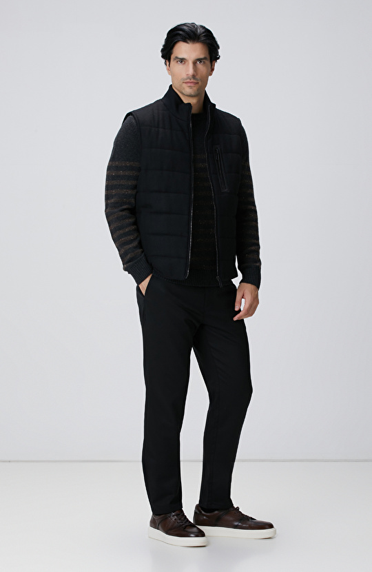 Siyah Yün Karışımlı Flanel Dik Yaka Casual Yelek