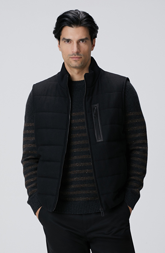 Siyah Yün Karışımlı Flanel Dik Yaka Casual Yelek