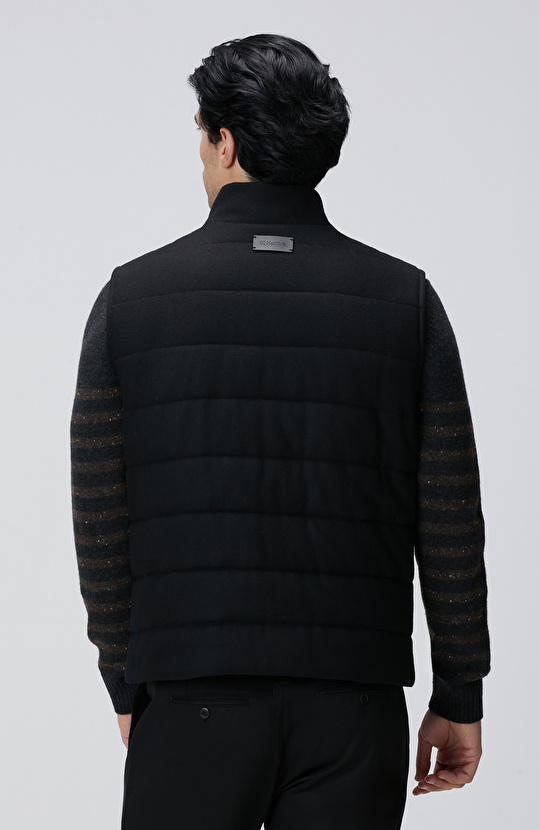 Siyah Yün Karışımlı Flanel Dik Yaka Casual Yelek