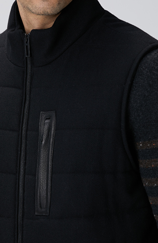 Siyah Yün Karışımlı Flanel Dik Yaka Casual Yelek