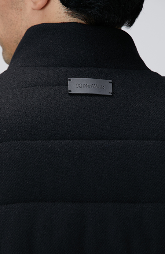 Siyah Yün Karışımlı Flanel Dik Yaka Casual Yelek