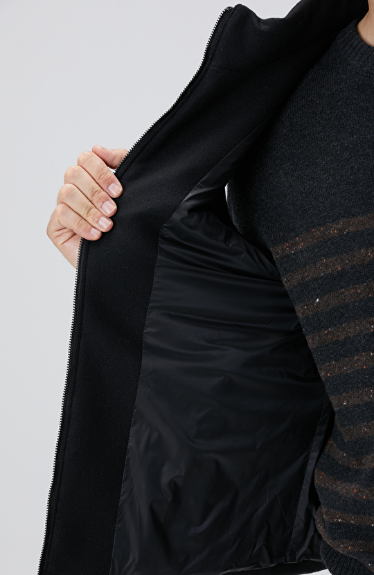 Siyah Yün Karışımlı Flanel Dik Yaka Casual Yelek