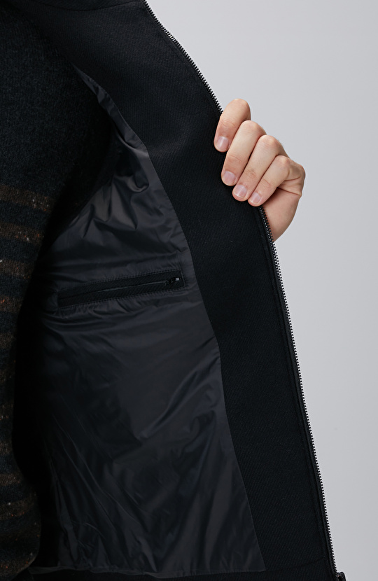 Siyah Yün Karışımlı Flanel Dik Yaka Casual Yelek