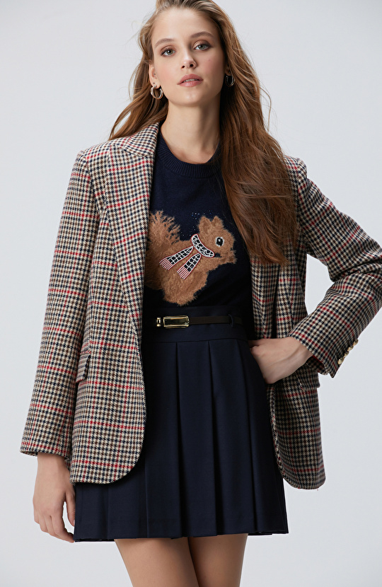 Lacivert Kahverengi Kazayağı Yün Karışımlı Ceket