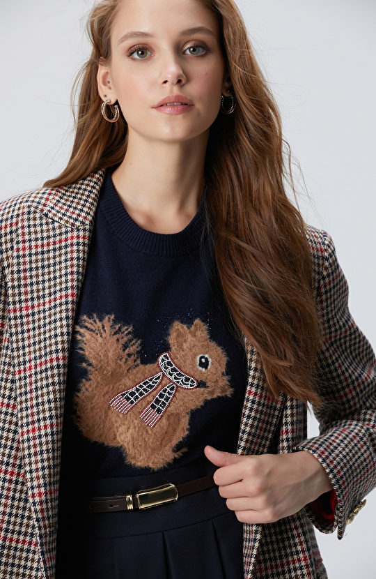 Lacivert Kahverengi Kazayağı Yün Karışımlı Ceket