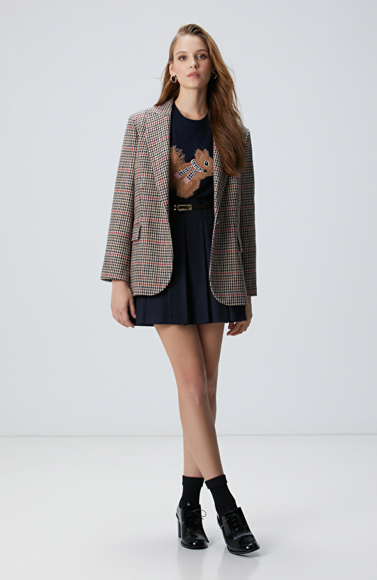 Lacivert Kahverengi Kazayağı Yün Karışımlı Ceket