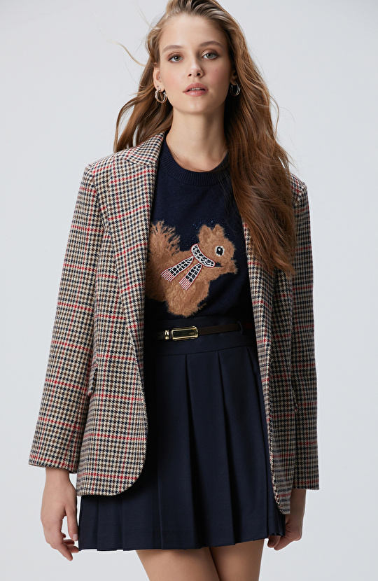 Lacivert Kahverengi Kazayağı Yün Karışımlı Ceket