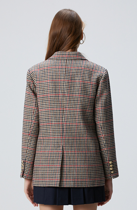 Lacivert Kahverengi Kazayağı Yün Karışımlı Ceket