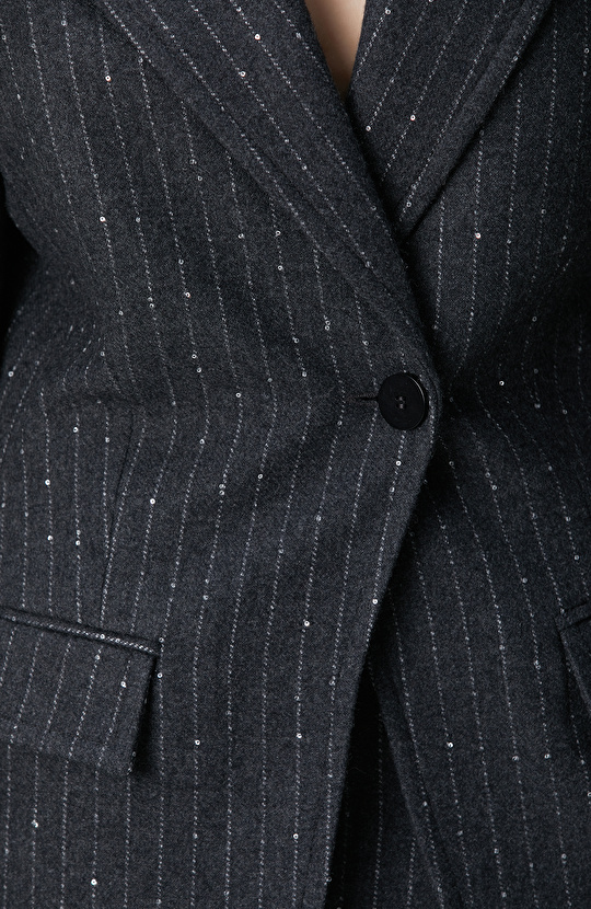 Koyu Gri Melanj Çizgili Yün Karışımlı Ceket