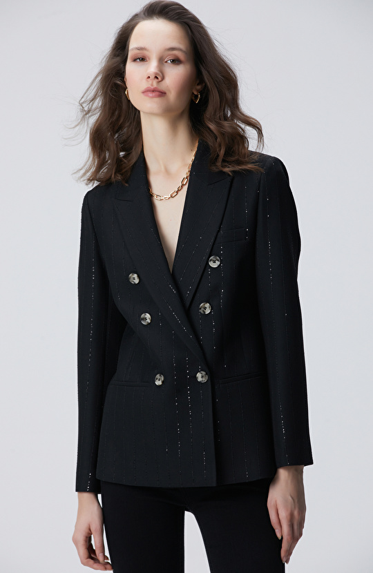 Siyah Payetli Çizgili Ceket