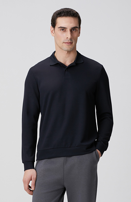 Lacivert Polo Yaka Çıtçıtlı Sweatshirt