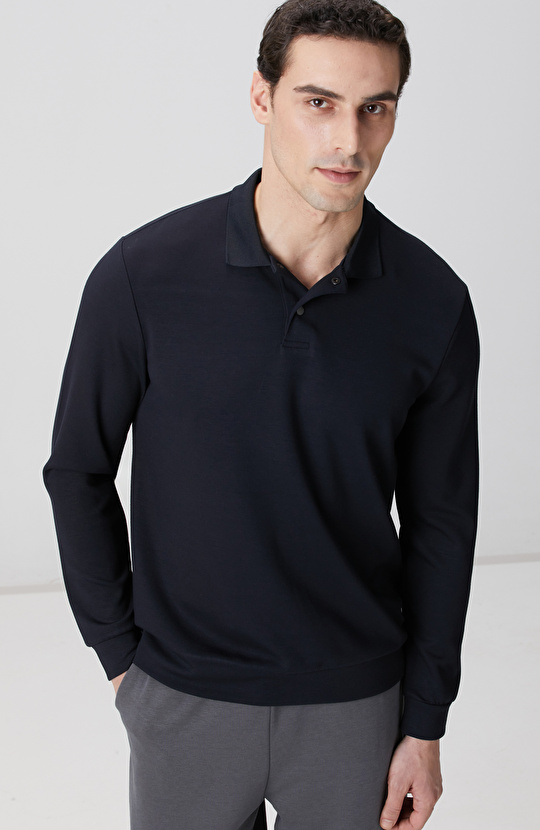 Lacivert Polo Yaka Çıtçıtlı Sweatshirt