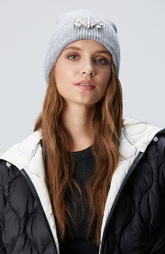 Gri Kadın Yün Karışımlı Bere