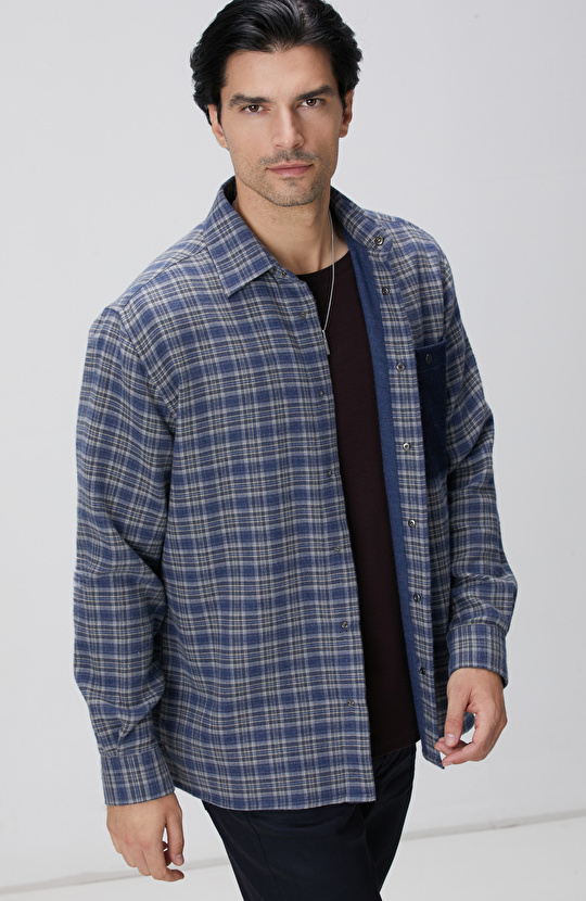 Indigo Ekose Desenli Gömlek