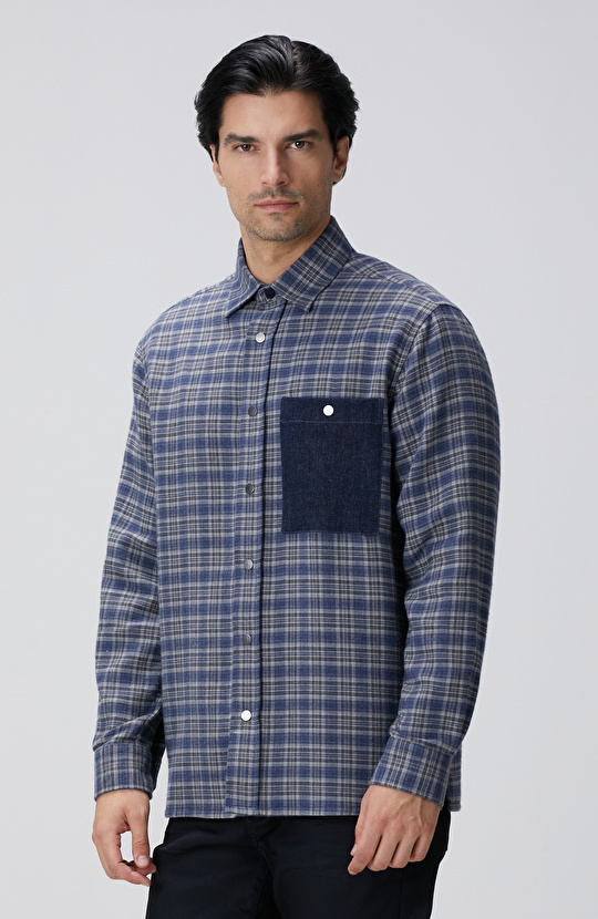 Indigo Ekose Desenli Gömlek