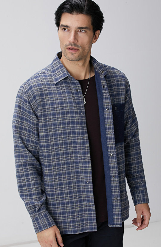 Indigo Ekose Desenli Gömlek