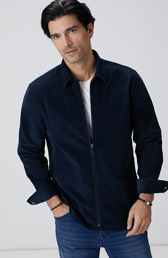 Lacivert Fermuarlı Fitilli Kadife Gömlek