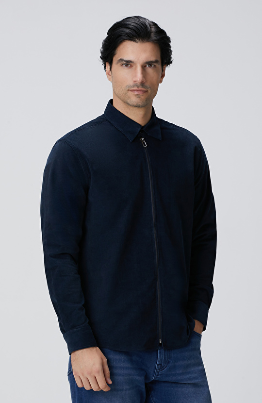 Lacivert Fermuarlı Fitilli Kadife Gömlek