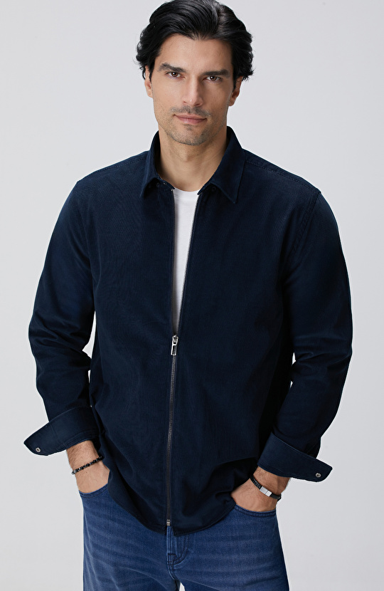 Lacivert Fermuarlı Fitilli Kadife Gömlek