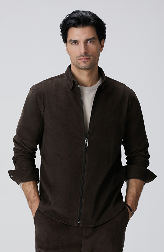 Kahverengi Fitilli Kadife Gömlek