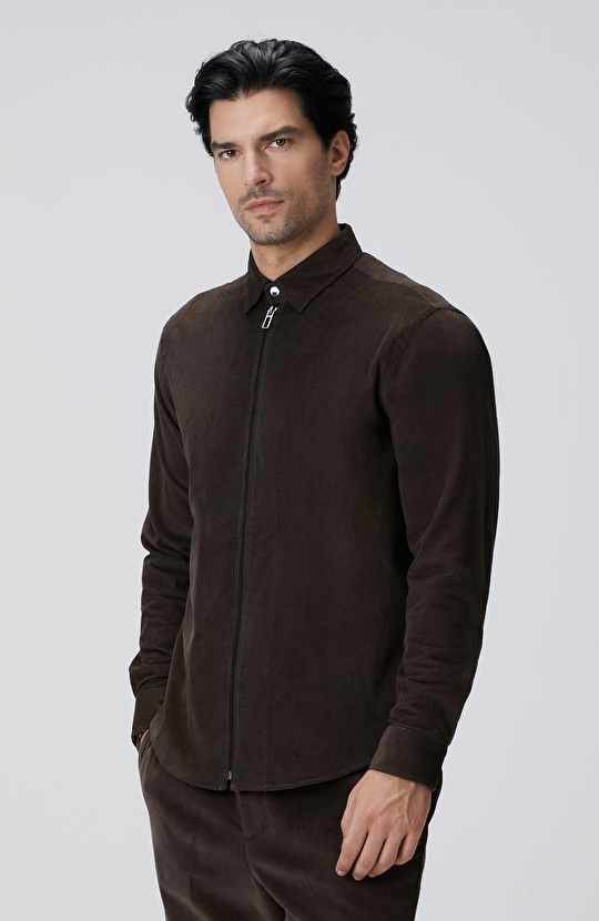 Kahverengi Fitilli Kadife Gömlek